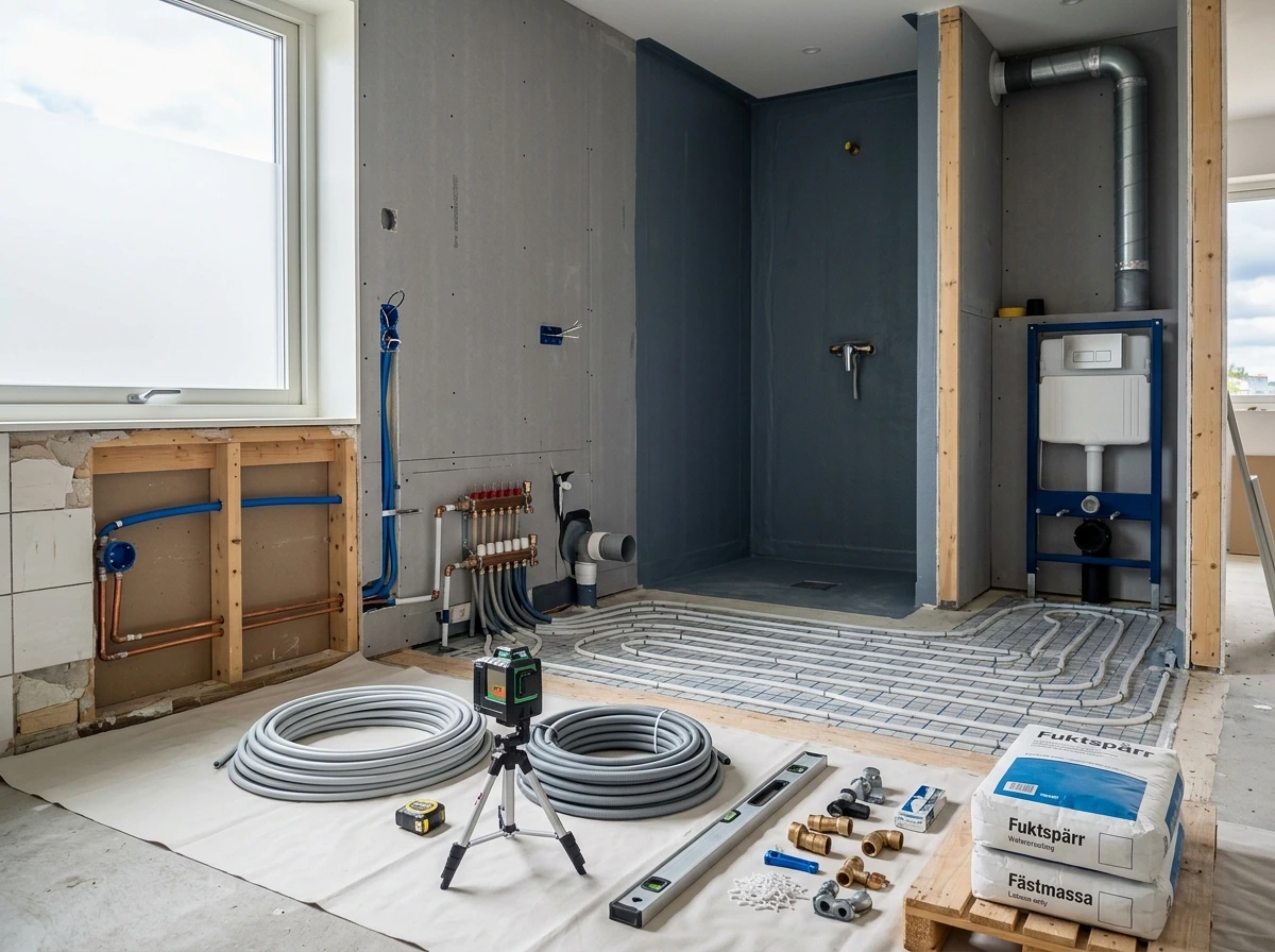 Badrum under renovering med rördragning, golvvärme och byggmaterial.